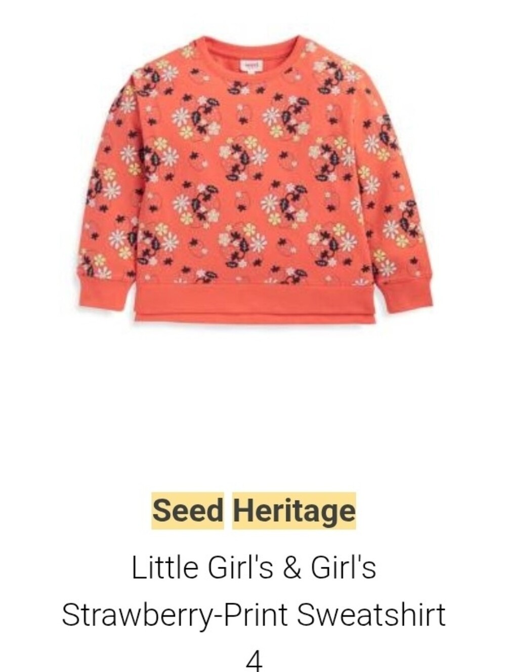 Seed Heritage Coral Strawberry & Daisy Sweatshirt Size 4